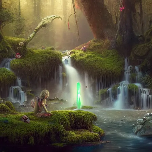 Prompt: tom bagshaw, soft painting render curiosities carnival pond river vegetation rocks bugs wildlife mushrooms covered moss bioluminescent wisps, beautiful stunning waterfall, accurate features, focus, very intricate ultrafine details, random volumetric lighting, fog, award winning masterpiece, octane render 8 k hd, artstation