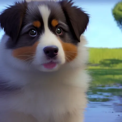 Image similar to a wholesome animation key shot of australian shepherd puppy, studio ghibli, pixar and disney animation, sharp, rendered in unreal engine 5, anime key art by greg rutkowski, bloom, dramatic lighting