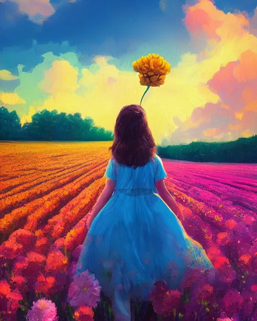 Image similar to girl with a giant carnation head, surreal photography, flower field, sunset dramatic light, impressionist painting, colorful clouds, blue sky, digital painting, artstation, simon stalenhag