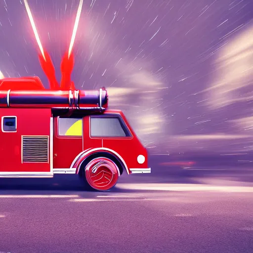 Prompt: a rocket ship that looks like a fire truck, digital art, trending on artstation, motion blur, movement, vivid and vibrant, impactful