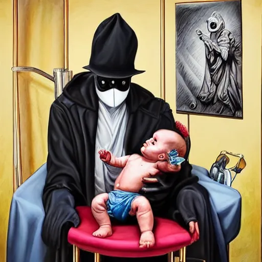Image similar to hyper realistic painting of a handsome man symmetrical, sitting in a gilded throne, tubes coming out of the man's arm, getting a blood transfusion from a baby. plague doctor in the background created by mike allred