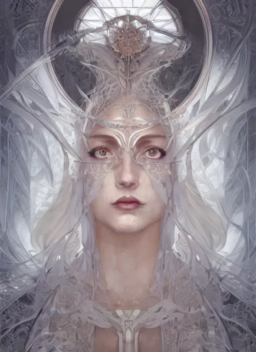 Image similar to symmetry!! white witch, machine parts embedded into face, intricate, elegant, highly detailed, digital painting, artstation, concept art, smooth, sharp focus, illustration, art by artgerm and greg rutkowski and alphonse mucha, 8 k