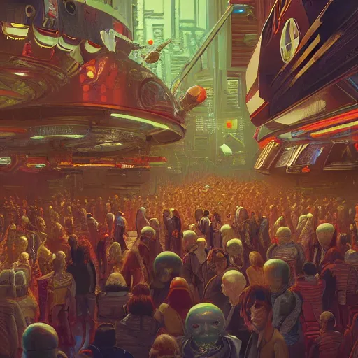 Image similar to highly detailed crowded used future casino, robots humans and extraterrestrials, on a crowded space station, jim henson creature shop, 1 9 8 0 s science fiction, 1 9 7 0 s science fiction, alien 1 9 7 9, cyberpunk, 3 d oil painting, depth perception, 4 k, artstation