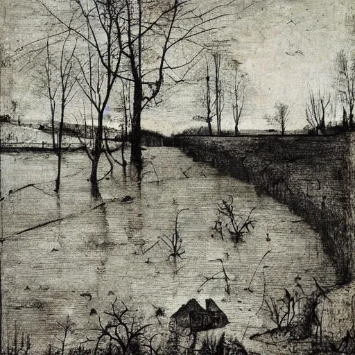 Image similar to abandoned dark stream sunray weed, by alberto giacometti and pieter bruegel the elder, rococo, smooth