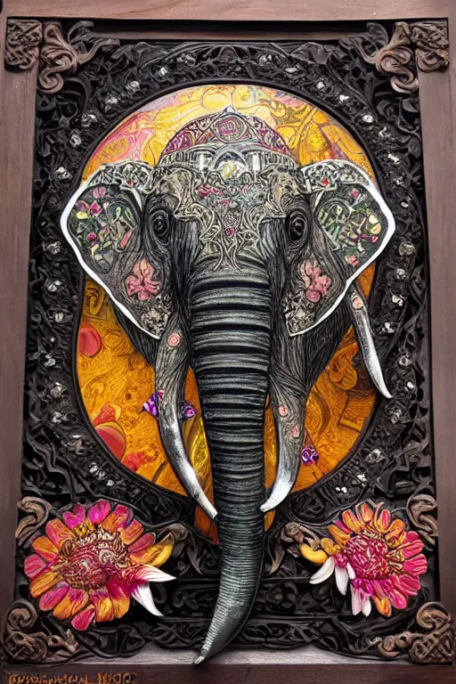 Image similar to Painted dark-wood panel relief carving of a close up of a Flowerpunk Matriarch Elephant, ornate border frame, explosion of colorful flowers, dark wood, intricately carved, black ink, festival of rich colors, intricate details, cinematic lighting, volumetric lighting, post-processing, art nouveau, tarot, fractal art, mandala, by andreas rocha and john howe, and Martin Johnson Heade, featured on artstation, featured on behance, golden ratio, hyper detailed, photorealistic, epic composition, center spotlight, f32, well composed, symmetrical, UE5, 8k