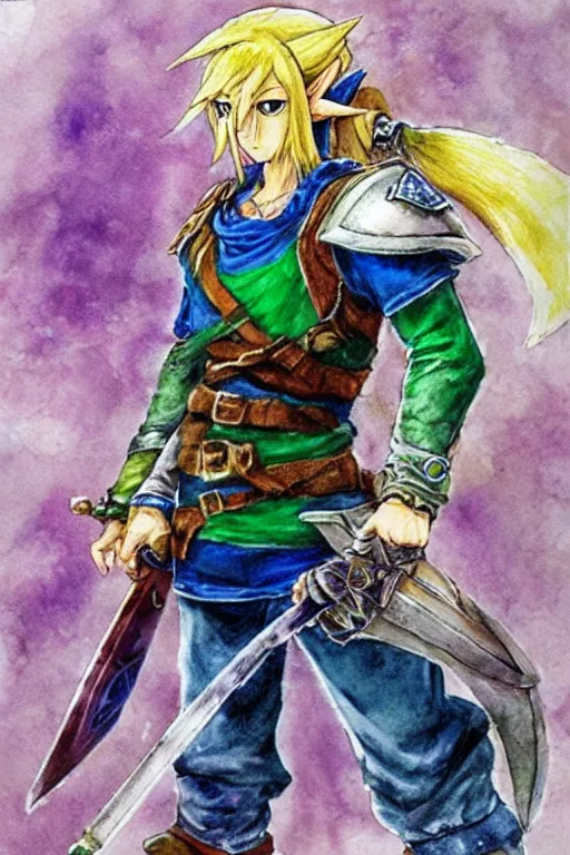 Prompt: Link from the Legend of Zelda as a Final Fantasy Character, watercolor, by Yoshitaka Amano, peaceful color palette, high detail paint