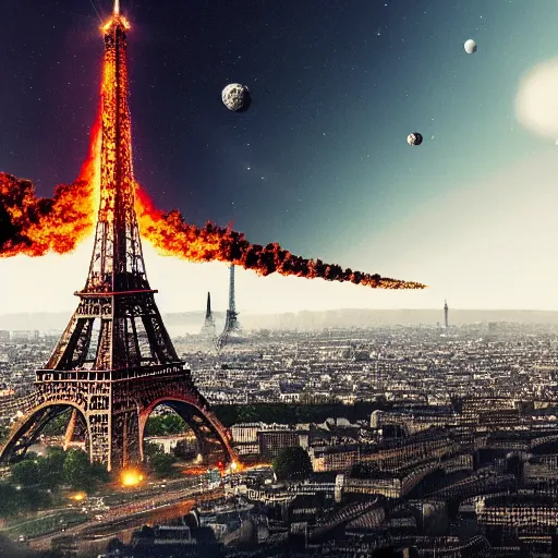 Image similar to the eifel tower gets hit by an asteroid, multiple asteroids are in the air, paris in the background is burning, apocalyptic, highly detailed, 4 k, digital paintin, sharp focus, tending on artstation