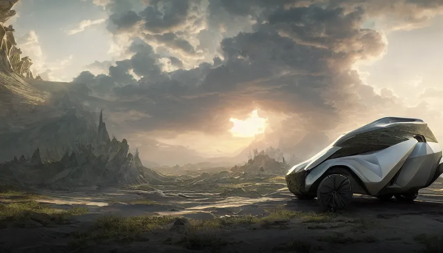 Image similar to a concept suv designed by zaha hadid driving through madagascar, artgerm and greg rutkowski and alphonse mucha, an epic fantasy, volumetric light, detailed, establishing shot, an epic fantasy, trending on art station, octane render, midsommar