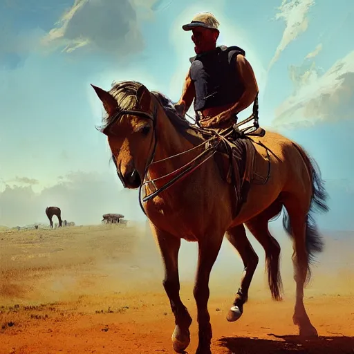 Image similar to man carries horse, hyperrealism, no blur, 4 k resolution, ultra detailed, style of ron cobb, adolf hiremy - hirschl, syd mead, ismail inceoglu, rene margitte