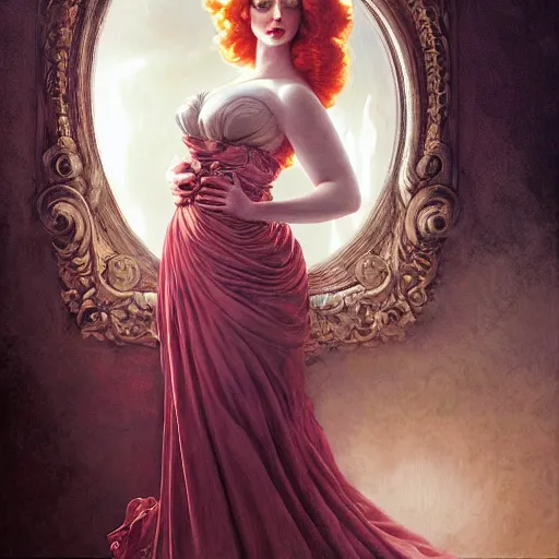 Image similar to christina hendricks in mad men, baroque painting, intricate, elegant, highly detailed, centered, digital painting, artstation, concept art, smooth, sharp focus, illustration, artgerm, tomasz alen kopera, peter mohrbacher, donato giancola, joseph christian leyendecker, wlop, boris vallejo