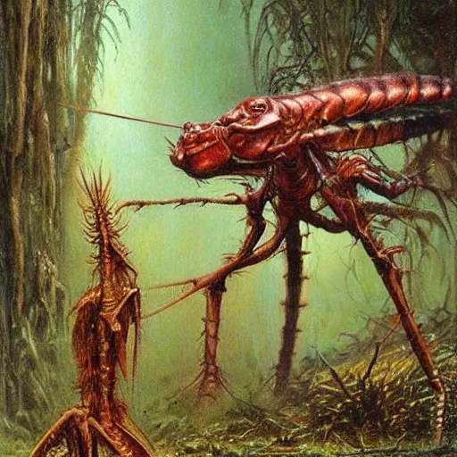 Image similar to antropromorphic stick insect, stick insect standing and talking like a human being, fantasy concept art, painting by Bob Eggleton