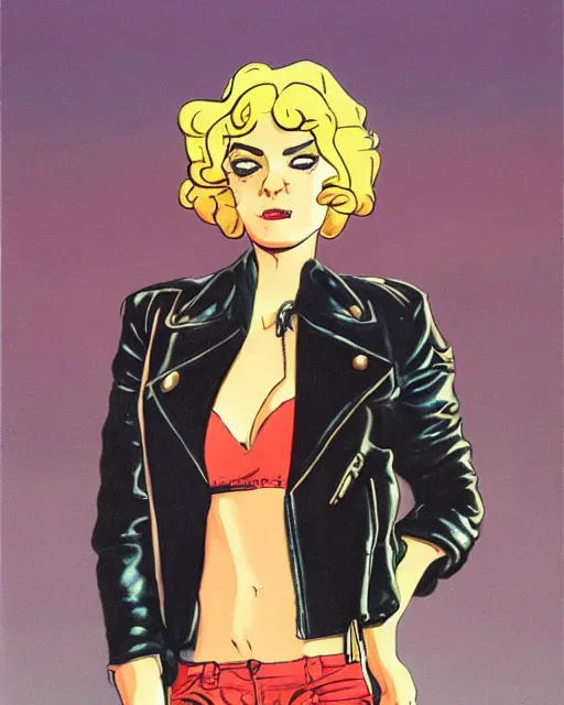 Image similar to young female protagonist in leather jacket, city street, artwork by ralph bakshi