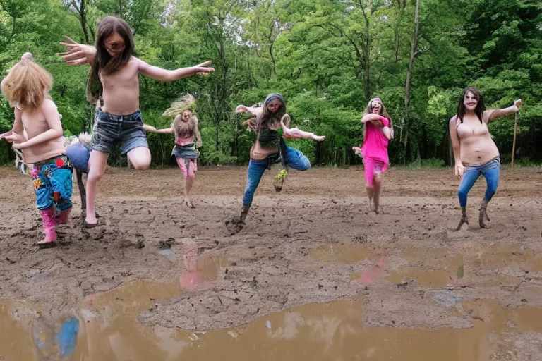 Prompt: hippies playing in a mud puddle