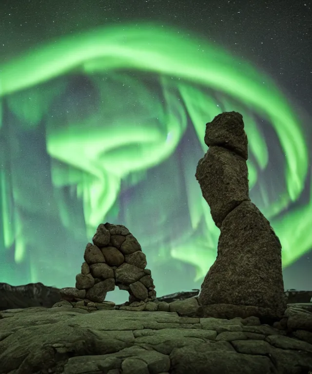 Prompt: stone gateway to another portal, green spiral light, aurora borealis, symmetrical, center focus, 2 0 0 mm, photorealistic