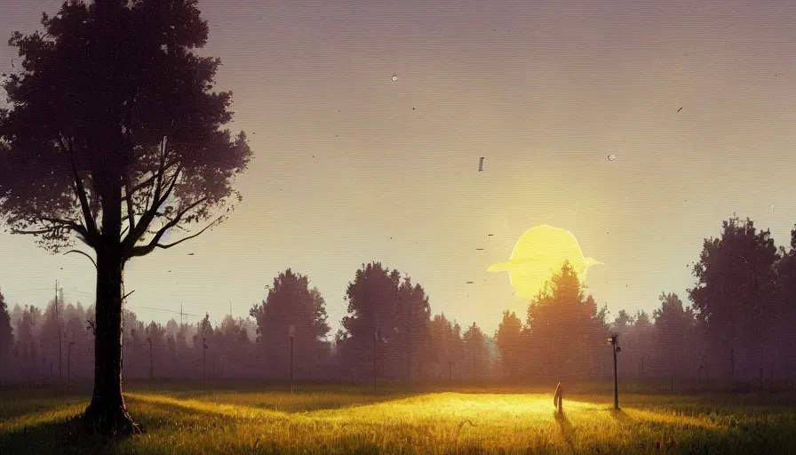 Image similar to big field of solar panels, early morning sun in the sky, one tree, simon stalenhag