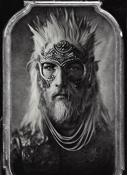 Image similar to old wetplate daguerreotype frame portrait of a futuristic silver armored king arthur with white hair and beard emperor district 9 cyborg, fractal, intricate, elegant, highly detailed, subsurface scattering, by jheronimus bosch and greg rutkowski and louis jacques mande daguerre