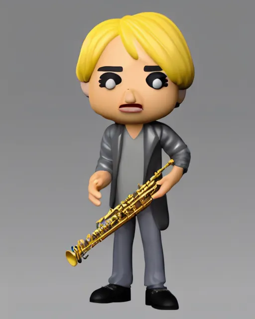 Image similar to full body 3d render of blond hippie man playing sax as a funko pop!, studio lighting, grey background, single body, no shadow, blender, trending on artstation, 8k, highly detailed