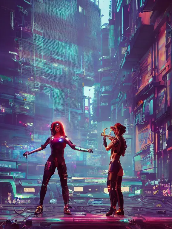 Prompt: a cyberpunk 2077 illustration half body portrait of two female android pole dancer queen,complex mess of cables and wires behind them connected to giant computer, film lighting, by laurie greasley,Lawrence Alma-Tadema,William Morris,Dan Mumford, trending on atrstation, full of color, mythological, high detailed,golden ratio,cinematic lighting