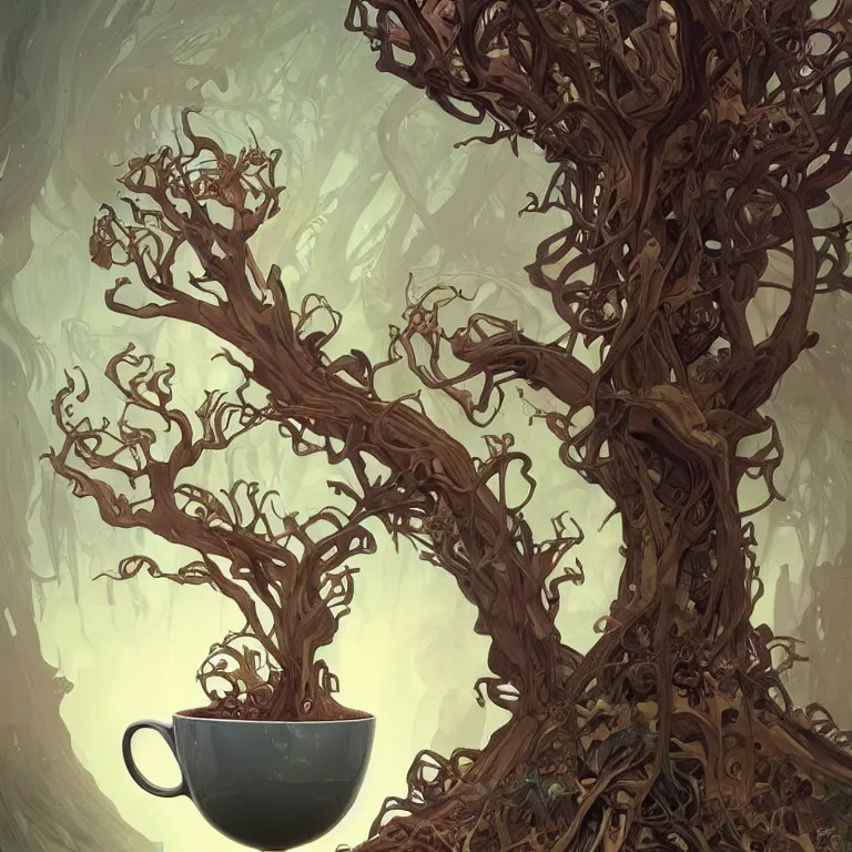 Image similar to a twisted tree of life growing from a mug of hot chocolate, concept art, by Peter Mohrbacher and Alphonse Mucha, detailed, style, 8k, trending on artstation, unreal engine 4k, detailed, clean background trending, full shot, symmetrical portrait, sophisticated, Unreal engine, dystopia, anti-utopia, post processing, psychadelic