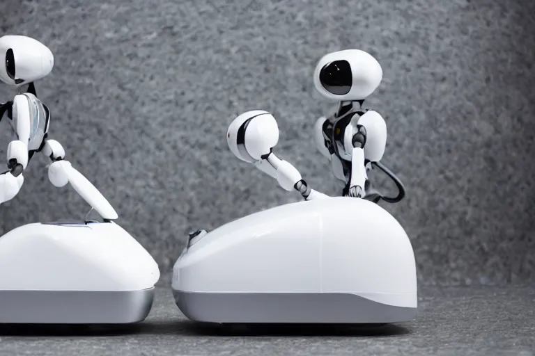 Image similar to two sleek white mechanical robots operating on each other at the same time