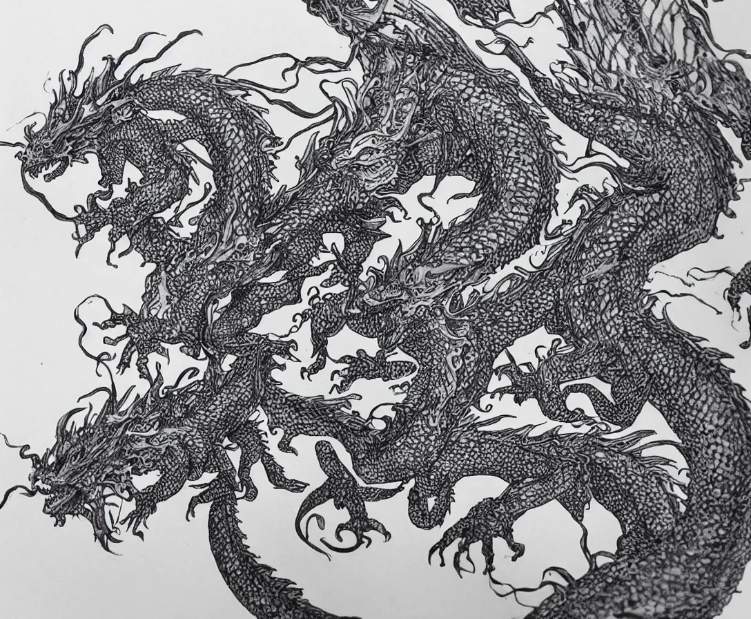 Image similar to an intricately detailed dragon, made from tiny swirls of ink
