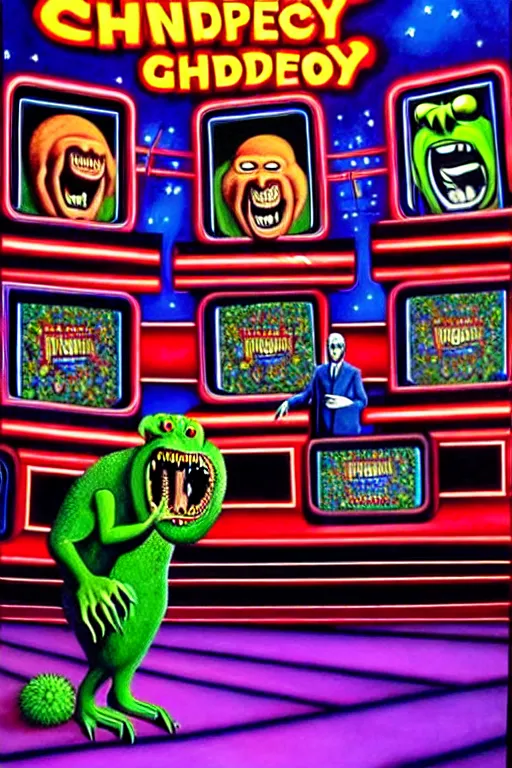 Image similar to a hyperrealistic painting of a trippy gameshow announcer with a panel of monsters playing jeopardy. cinematic horror by jimmy alonzo, the art of skinner, chris cunningham, lisa frank, richard corben, highly detailed, vivid color,