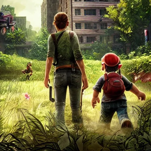 Prompt: Photo of Ellie (The Last of Us) walking through a realistic Super Mario Bros World 1-1