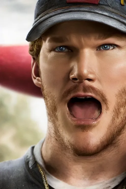 Image similar to a movie still of chris pratt as mario, highly detailed, studio lighting