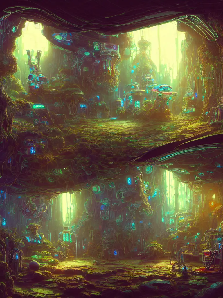 Image similar to the interior of a celestial cyberpunk cottage in a bioluminescent tree trunk decorated beautifully, lots of cyberpunk design elements like gigantic toadstool mushrooms and robots, warm sunlight shining in, lots of plants and cables, concept art 8 k resolution, fantasy illustration, sharp focus, detailed painting, deep color, volumetric lighting, crepuscular rays