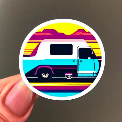 Prompt: sticker of a white and black cute thor chateau! motorhome camper!!, mountains, colorful sunset!!, sticker!! by tom whalen