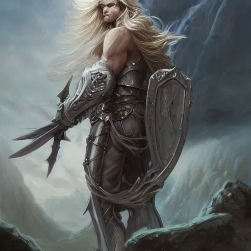 Prompt: portrait, handsome long - haired male fantasy paladin, blond, rpg game, stern expression, main character, highly detailed, digital painting, artstation, concept art, smooth, sharp focus, illustration, artgerm, tomasz alen kopera, peter mohrbacher, donato giancola, joseph christian leyendecker, wlop, frank frazetta