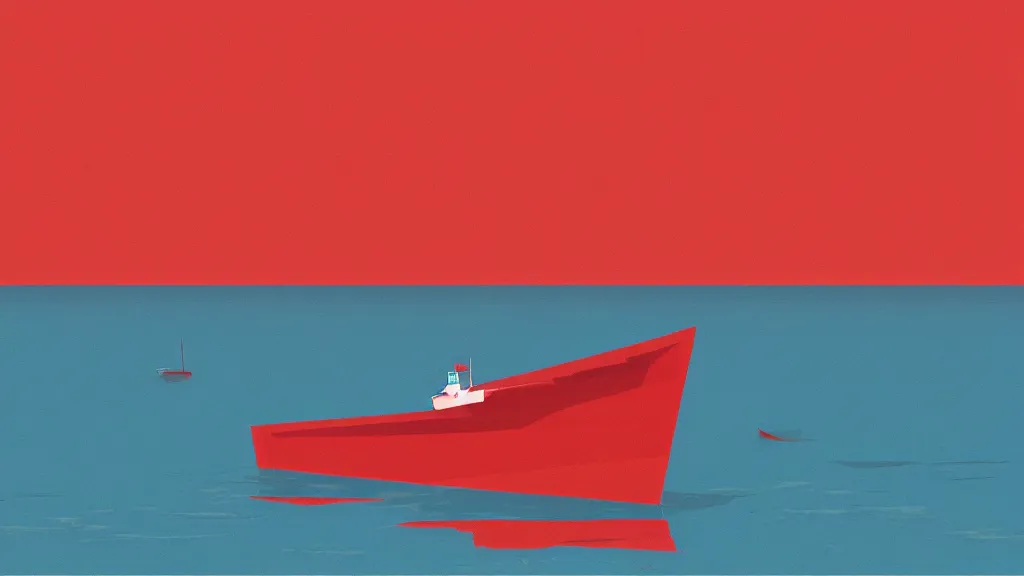 Image similar to a red boat floating on top of a body of water, a screenprint by Tom Whalen, behance contest winner, australian tonalism, matte drawing, outrun, low poly