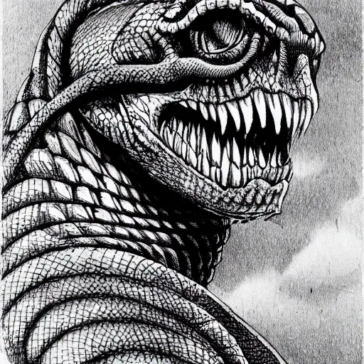 Prompt: a snake with a human face, kentaro miura art style