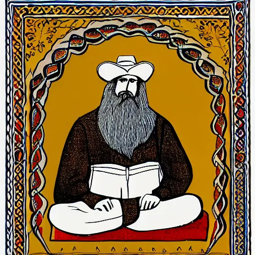 Prompt: bearded cowboy sitting cross legged, persian folkore artstyle, calligraphy border