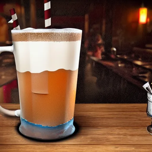 Prompt: a 3 d rendered movie still product shot an old - fashioned root beer in a frosty mug with condensation. the mug sits on a wooden bar at a diner. next to the mug is an origami bird. in the background is a dart board on a wall. imax, 7 0 mm dramatic lighting blade runner