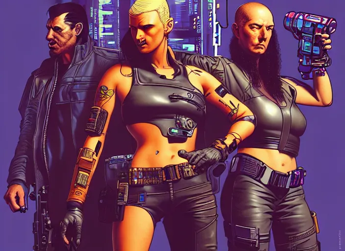 Prompt: cyberpunk bounty hunter crew. portrait by stonehouse and mœbius and will eisner and gil elvgren and pixar. character design. realistic proportions. cyberpunk 2 0 7 7 character art, blade runner 2 0 4 9 concept art. cel shading. attractive face. thick lines. the team. diverse characters. artstationhq.