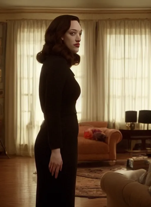 Image similar to Kat Dennings standing in the living room, film still from the movie directed by Denis Villeneuve with art direction by Salvador Dalí, wide lens, 4K, realistic