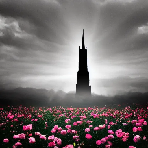 Prompt: a dark tower stands in the distance surrounded by a field of blooming roses, it's Dawn and the Sun is sending God Rays out through the clouds