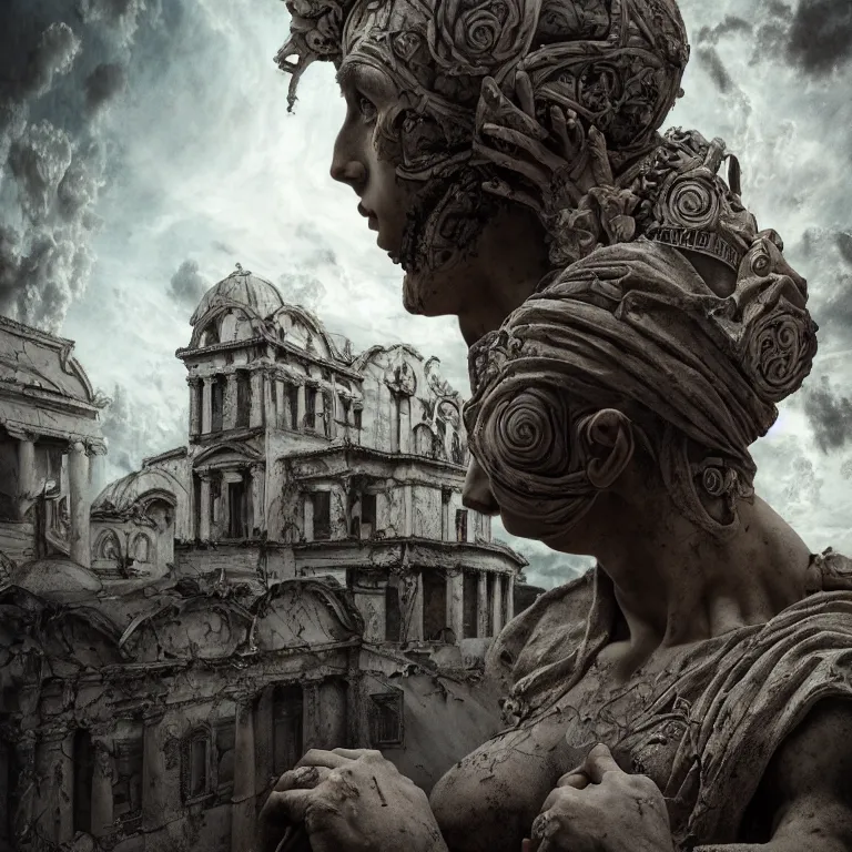 Image similar to surreal greek statue covered with graffiti, surreal abandoned buildings, dream-like heavy atmosphere, baroque painting, beautiful detailed intricate insanely detailed octane render trending on Artstation, 8K artistic photography, photorealistic, volumetric cinematic light, chiaroscuro, Raphael, Caravaggio, Beksinski, Giger