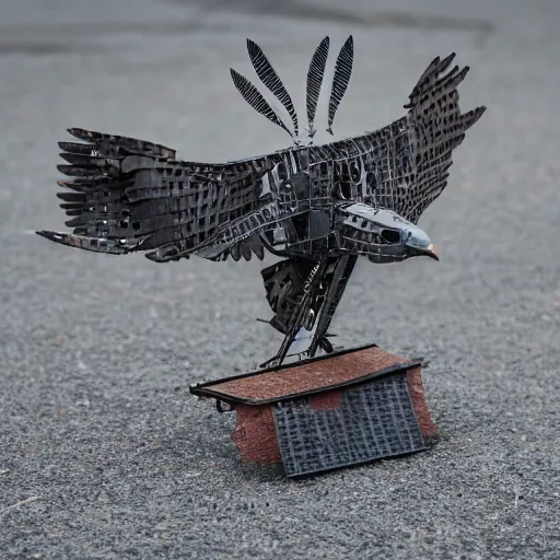 Image similar to A hawk model built from scrap metal, standing on asphalt, detailed close up photograph