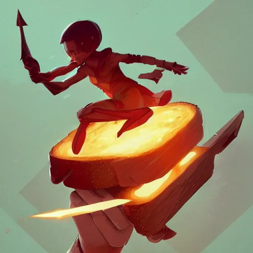 Image similar to battle toast, a slice of toasted bread with a face, arms and legs, holding a sword, volumetric lighting, dynamic composition, fantasy, hyper detailed, ultra realistic, sharp focus, octane render, concept art by sachin teng and sergey kolesov and ruan jia and heng z