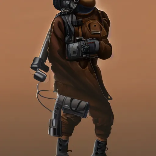 Prompt: futuristic rebel wearing black helmet, brown cloak, technical vest, and a radio backpack, photorealistic, digital art