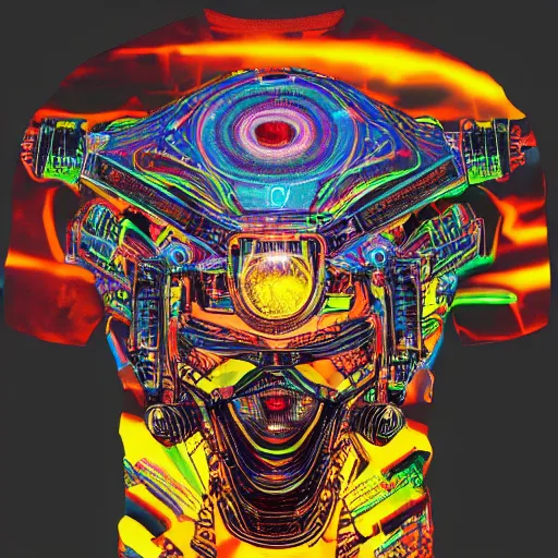 Prompt: black tshirt with a hyperdetailed portrait of a trippy diesel punk robot, 8 k, symetrical, flourescent colors, halluzinogenic, multicolored,