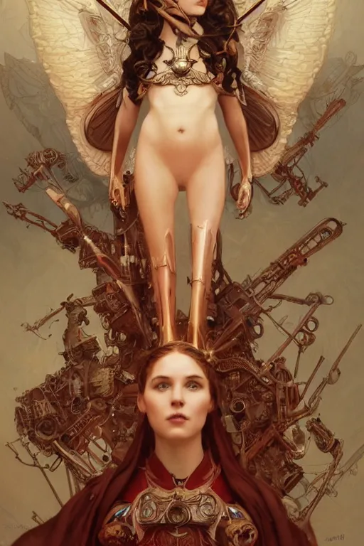 Image similar to Portrait of beautiful pale steampunk mechanical angelic maiden warhammer 40000, cinematic red lighting, intricate, elegant, highly detailed, digital painting, artstation, smooth, sharp focus, illustration, art by artgerm and greg rutkowski and zdislav beksinski and alphonse mucha and Wayne Barlowe and william-adolphe bouguereau