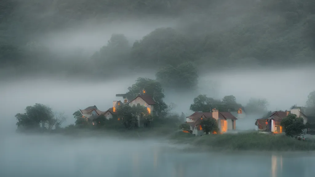 Prompt: village with beautiful houses in the fog on the lake, fog, volumetric lighting, mystique, atmospheric, conept art, teal and orange, sharp focus, ultra detailed, noir arthouse, 4 k, cinematic, 3 5 mm