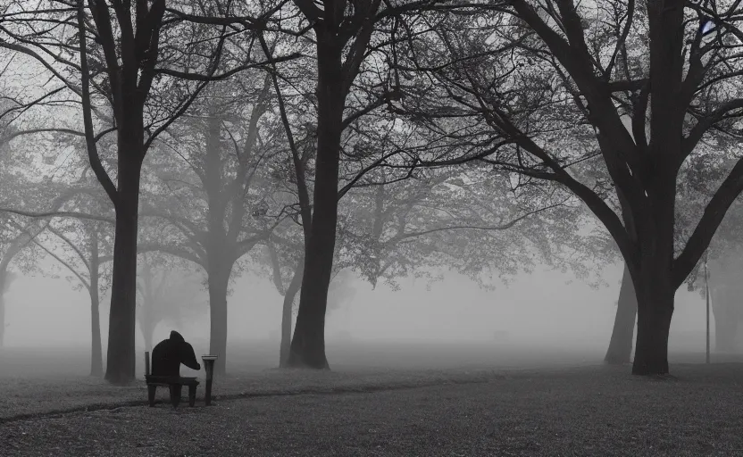 Prompt: cinematic shot of a lonely man with broken heart at park, moody scene from being john malcovich directed by charlie kaufman ( 2 0 0 1 ), foggy volumetric light morning, anamorphic lenses, kodak color film stock