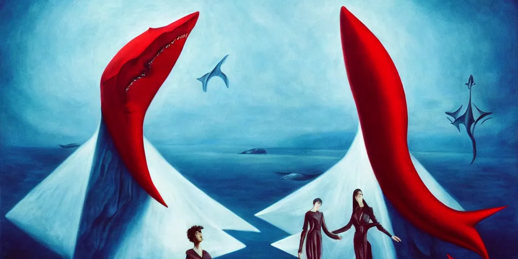 Image similar to high fashion shark, too many fins in all directions, in hoc signo vinces, waterfall, in the style of leonora carrington, gottfried helnwein, intricate composition, blue light by caravaggio, insanely quality, highly detailed, masterpiece, red light, artstation