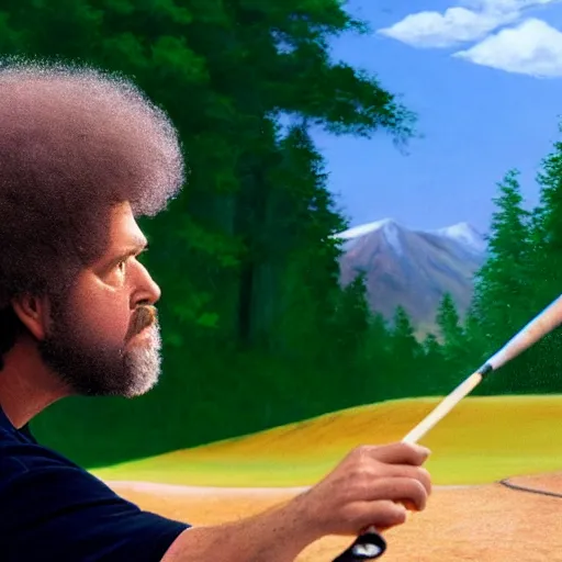 Image similar to a closeup photorealistic photograph of bob ross painting an image of kenny powers pitching a baseball on a canvas. mountains and trees. film still. brightly lit scene. this 4 k hd image is trending on artstation, featured on behance, well - rendered, extra crisp, features intricate detail, epic composition and the style of unreal engine.