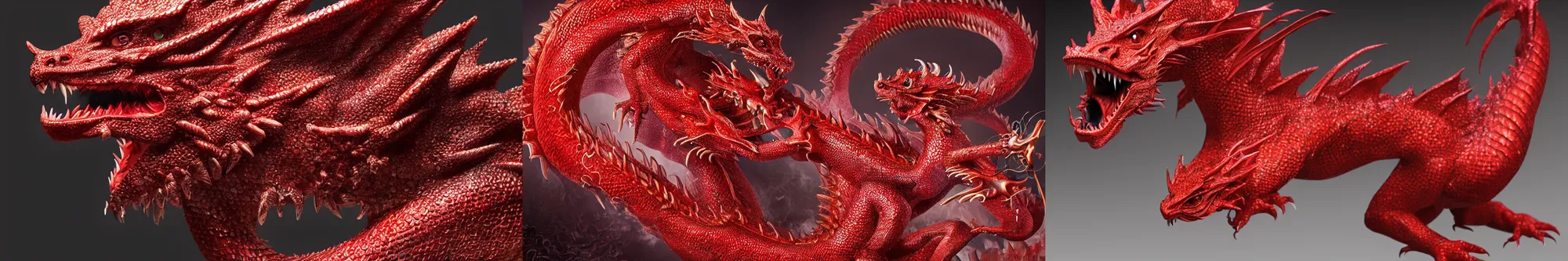 Prompt: hyperrealist highly detailed miniature dragon, glistening red scales, concept art pascal blanche dramatic studio lighting 8k wide angle shallow depth of field