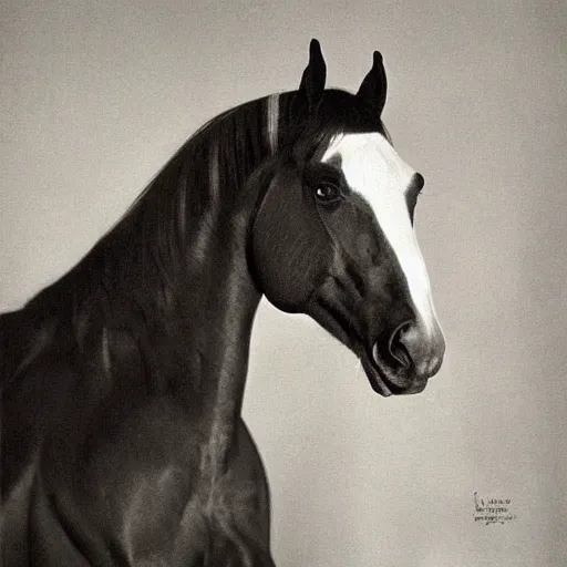 Image similar to painting of a glorious horse head, editorial fashion photography, black and white, by łempicka